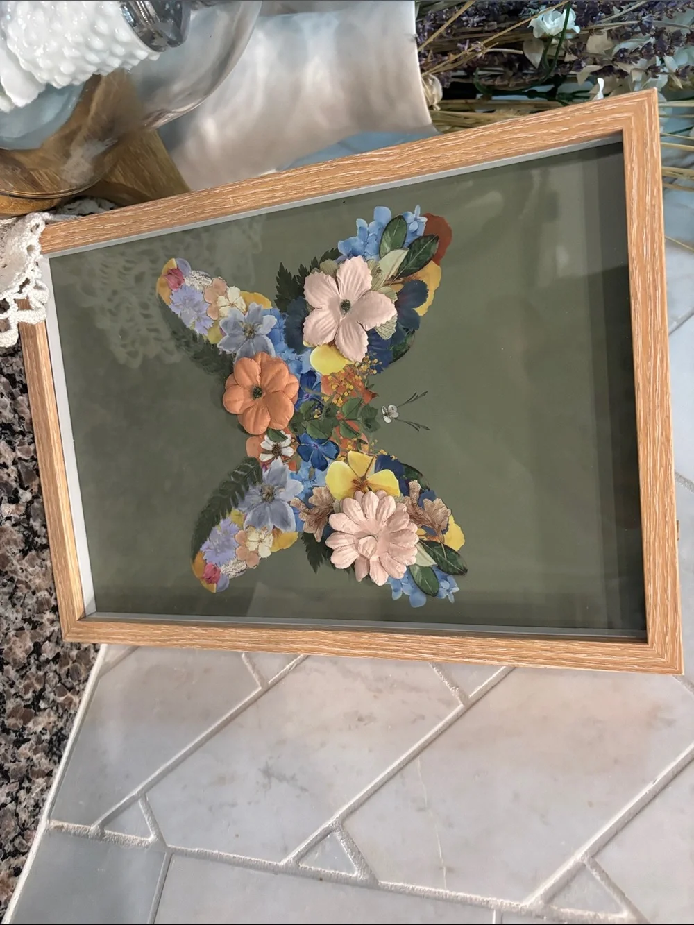 Pressed Floral Butterfly Wall Art - Olive Background